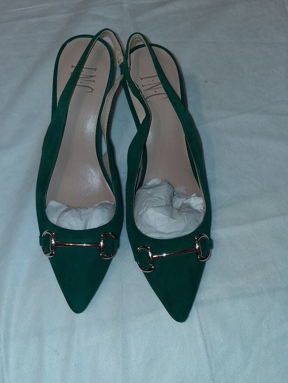 INC Green Suede Pointed Slingback Heels with Gold Horsebit